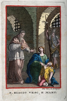 Saint Blaise. Coloured engraving.