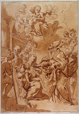 Saint Blaise. Coloured etching by G.B. Galli after A.D. Gabbiani.