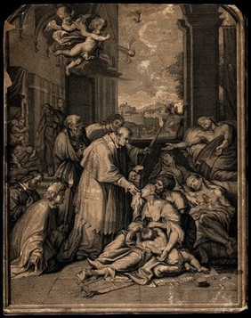 Saint Carlo Borromeo. Engraving by Audran after P. Mignard.