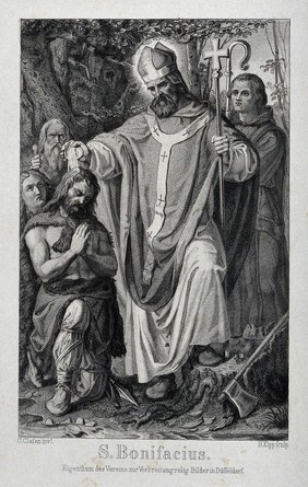 Saint Boniface: he baptizes Germans. Engraving by H. Kipp after K. Clasen.