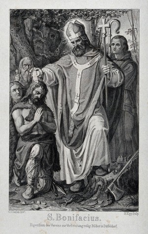 view Saint Boniface: he baptizes Germans. Engraving by H. Kipp after K. Clasen.