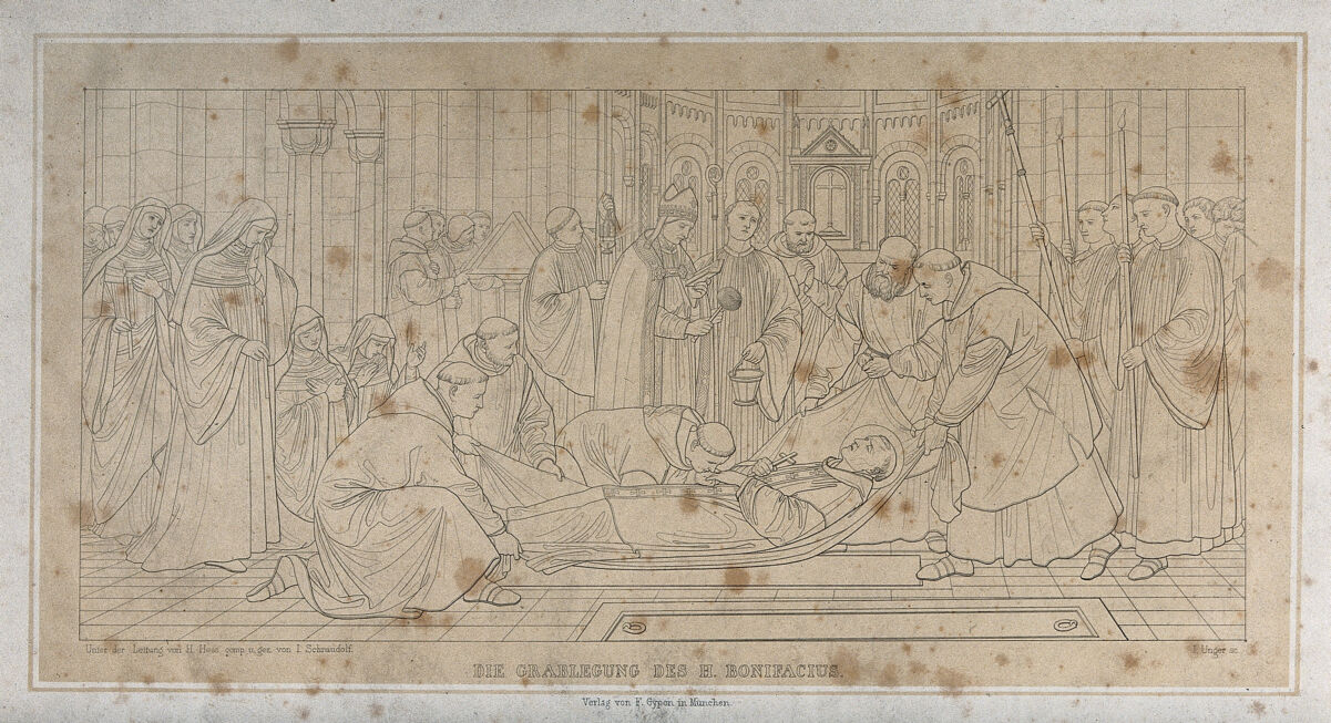 The burial of Saint Boniface. Lithograph by J. Unger after J. von Schraudolph., by Johann von Schraudolph