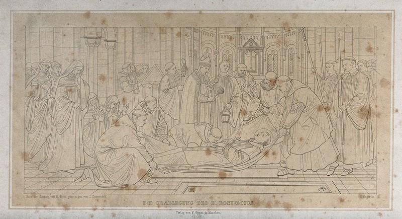 The burial of Saint Boniface. Lithograph by J. Unger after J. von Schraudolph., by Johann von Schraudolph
