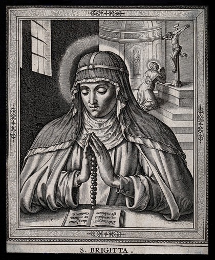 Saint Bridget of Sweden. Line engraving by H. Wierix after P. Galle.