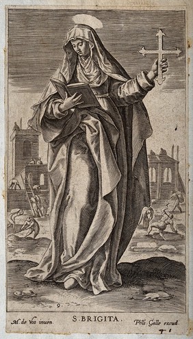 Saint Bridget of Sweden. Line engraving after M. de Vos.