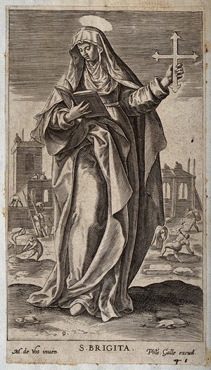 view Saint Bridget of Sweden. Line engraving after M. de Vos.