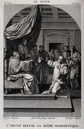 Saint Bruno refuses an archbishopric. Etching by L.M Y. Queverdo and C. Niquet after S. Bourdon after E. Le Sueur.