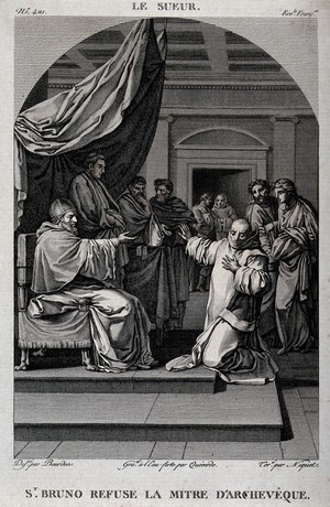 view Saint Bruno refuses an archbishopric. Etching by L.M Y. Queverdo and C. Niquet after S. Bourdon after E. Le Sueur.