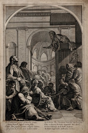 view Saint Bruno. Engraving by F. Chauveau and C. Simonneau after E. Le Sueur.