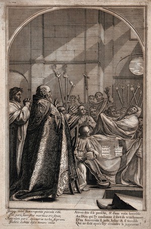 view Saint Bruno. Engraving by F. Chauveau and C. Simonneau after E. Le Sueur.