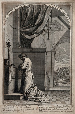 view Saint Bruno. Engraving by F. Chauveau and C. Simonneau after E. Le Sueur.