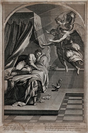 view Saint Bruno. Engraving by F. Chauveau and C. Simonneau after E. Le Sueur.