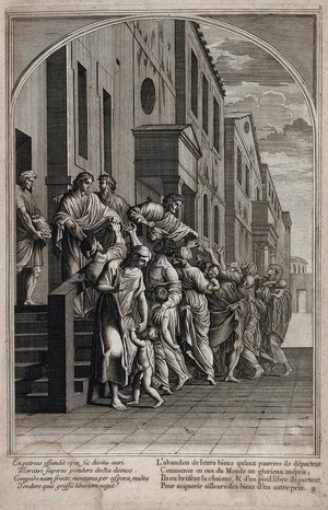 view Saint Bruno: he and his companions distribute their property to the poor. Engraving by F. Chauveau and C. Simonneau after E. Le Sueur.