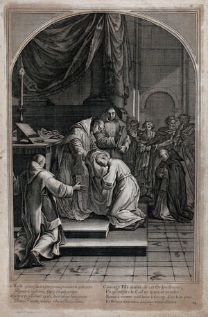 view Saint Bruno. Engraving by F. Chauveau and C. Simonneau after E. Le Sueur.