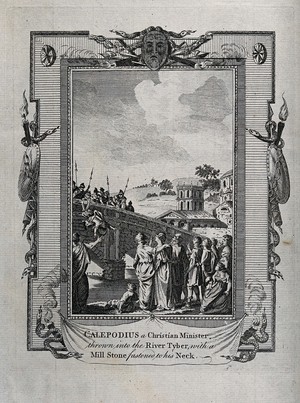 view Martyrdom of Calepodius, a Christian minister. Engraving.