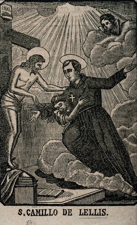 Saint Camillus de Lellis. Wood engraving.