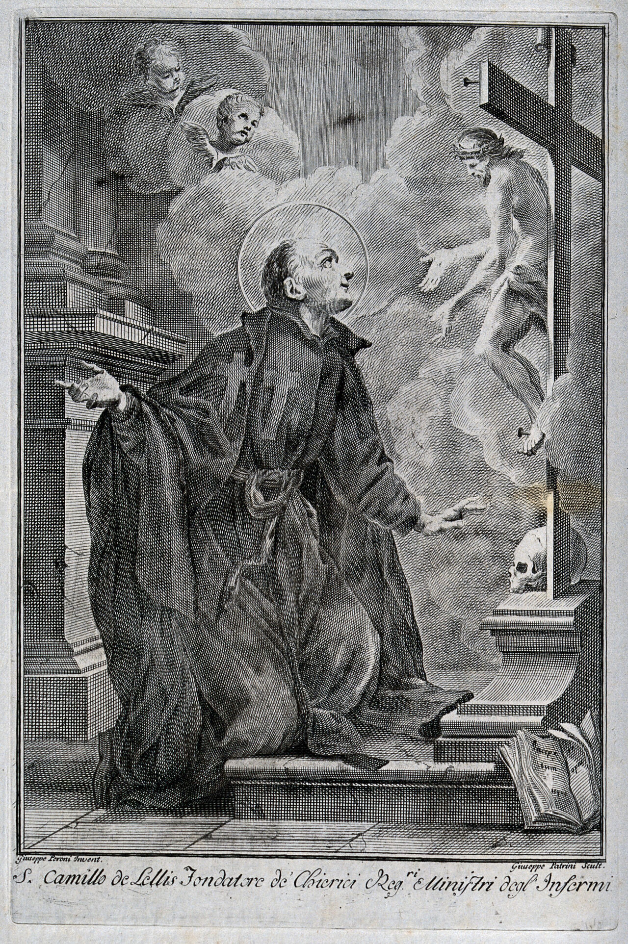 Saint Camillus de Lellis. Line engraving by G. Patrini after G. Peroni., by Giuseppe Peroni