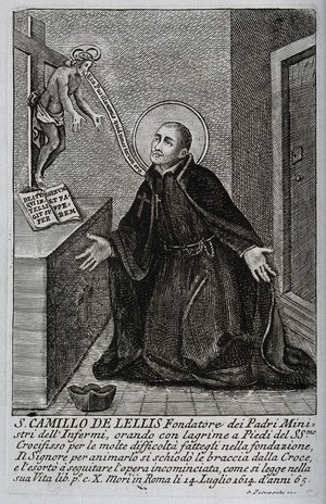 view Saint Camillus de Lellis praying before an altar. Engraving by G. Petroschi.