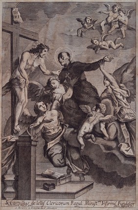 Saint Camillus de Lellis: he is presented to Christ on the Cross, who encourages him to found the order of Camillians. Line engraving by D. Miserotti after F. Torelli.