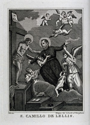 view Saint Camillus de Lellis. Line engraving.