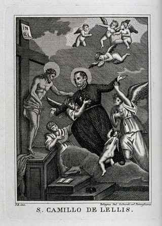 Saint Camillus de Lellis. Line engraving.