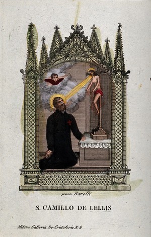 view Saint Camillus de Lellis. Coloured engraving.