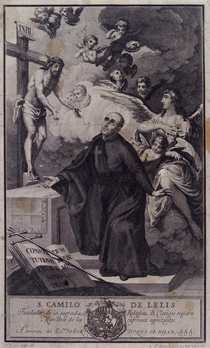 view Saint Camillus de Lellis. Line engraving by F. Selma, 1783, after J. Ximeno.