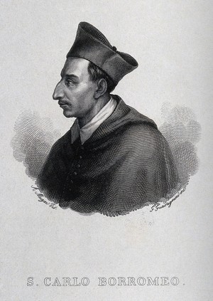 view Saint Carlo Borromeo. Line engraving by G. Guadagnini after A. Muzzi.