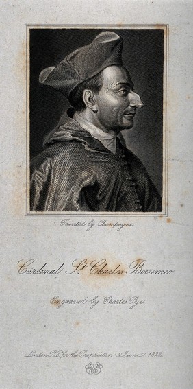 Saint Carlo Borromeo. Line engraving, 1822, by C. Pye after P. de Champaigne.