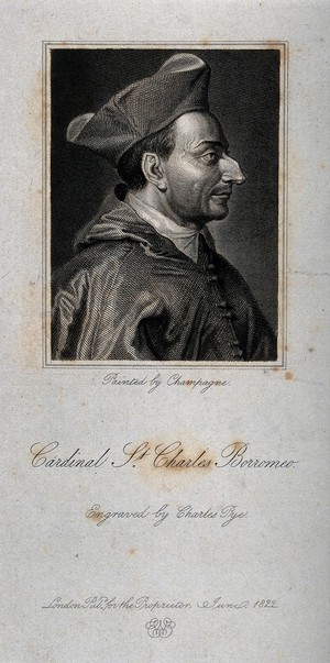 view Saint Carlo Borromeo. Line engraving, 1822, by C. Pye after P. de Champaigne.