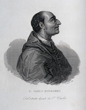 view Saint Carlo Borromeo. Line engraving by F. Clerici after C. van Loo.