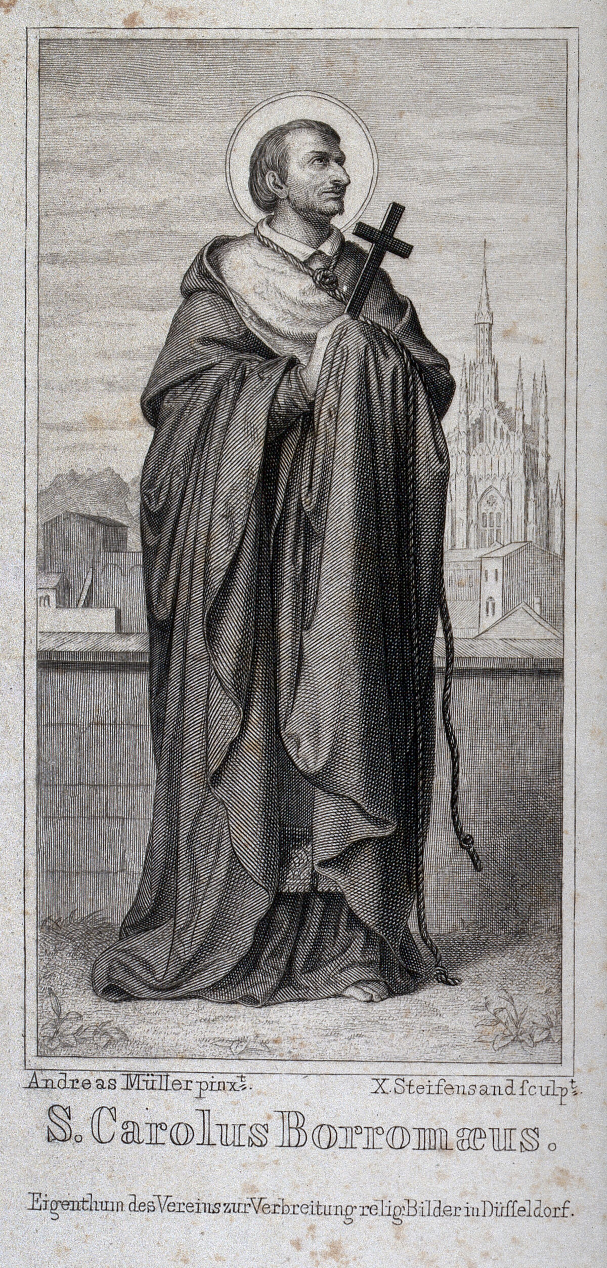 Saint Carlo Borromeo. Steel engraving by X. Steifensand after A. Müller., 1800-1899, by Andreas Müller
