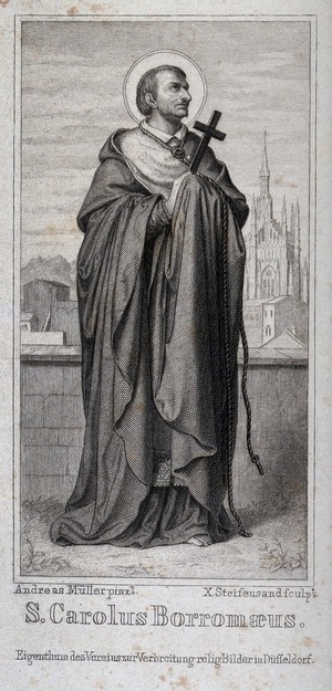 view Saint Carlo Borromeo. Steel engraving by X. Steifensand after A. Müller.