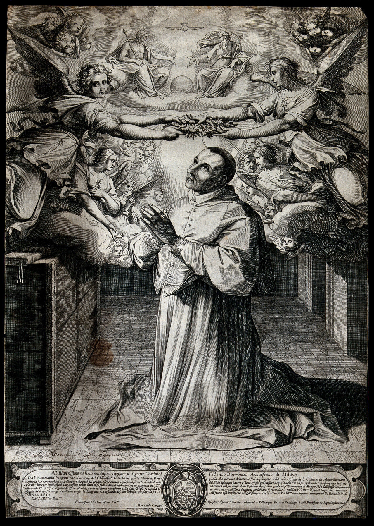 Saint Carlo Borromeo: angels crown him with the approval of the Holy Trinity. Line engraving by F. Villamena, 1615, after G. Agellio., 1615, by Giuseppe Agellio