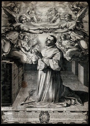 view Saint Carlo Borromeo: angels crown him with the approval of the Holy Trinity. Line engraving by F. Villamena, 1615, after G. Agellio.