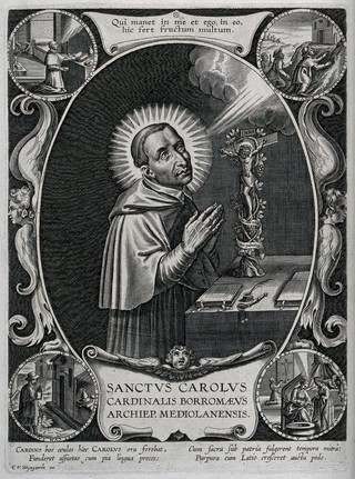 Saint Carlo Borromeo. Line engraving by F. van den Wyngaerde.