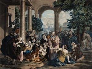 view Saint Carlo Borromeo: he gives alms to the plague-victims in Milan. Coloured aquatint by L.A. Garneray, 1820, after Martinet.