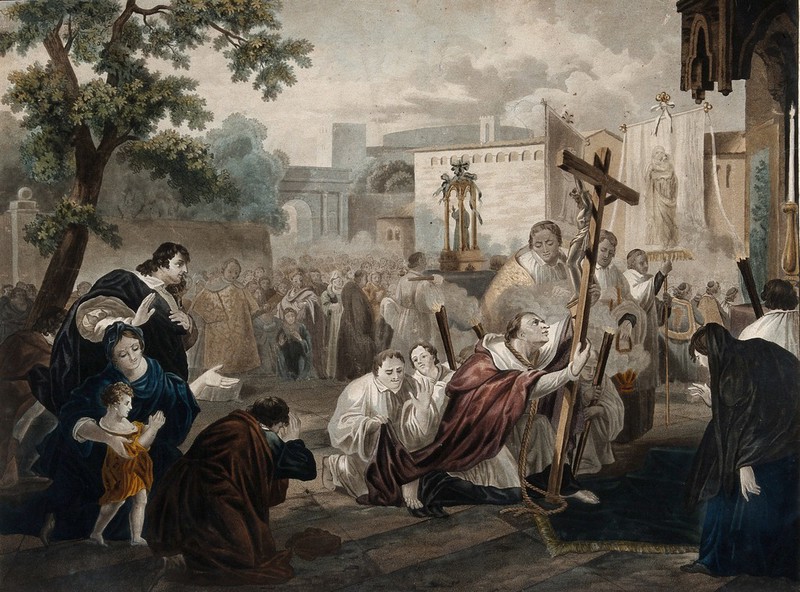 Saint Carlo Borromeo: with a rope around his neck, he kneels before the Cross in the plague-ridden streets of Milan in 1576. Coloured aquatint by L.A. Garneray, 1820, after Martinet., 1820, by Achille-Louis Martinet