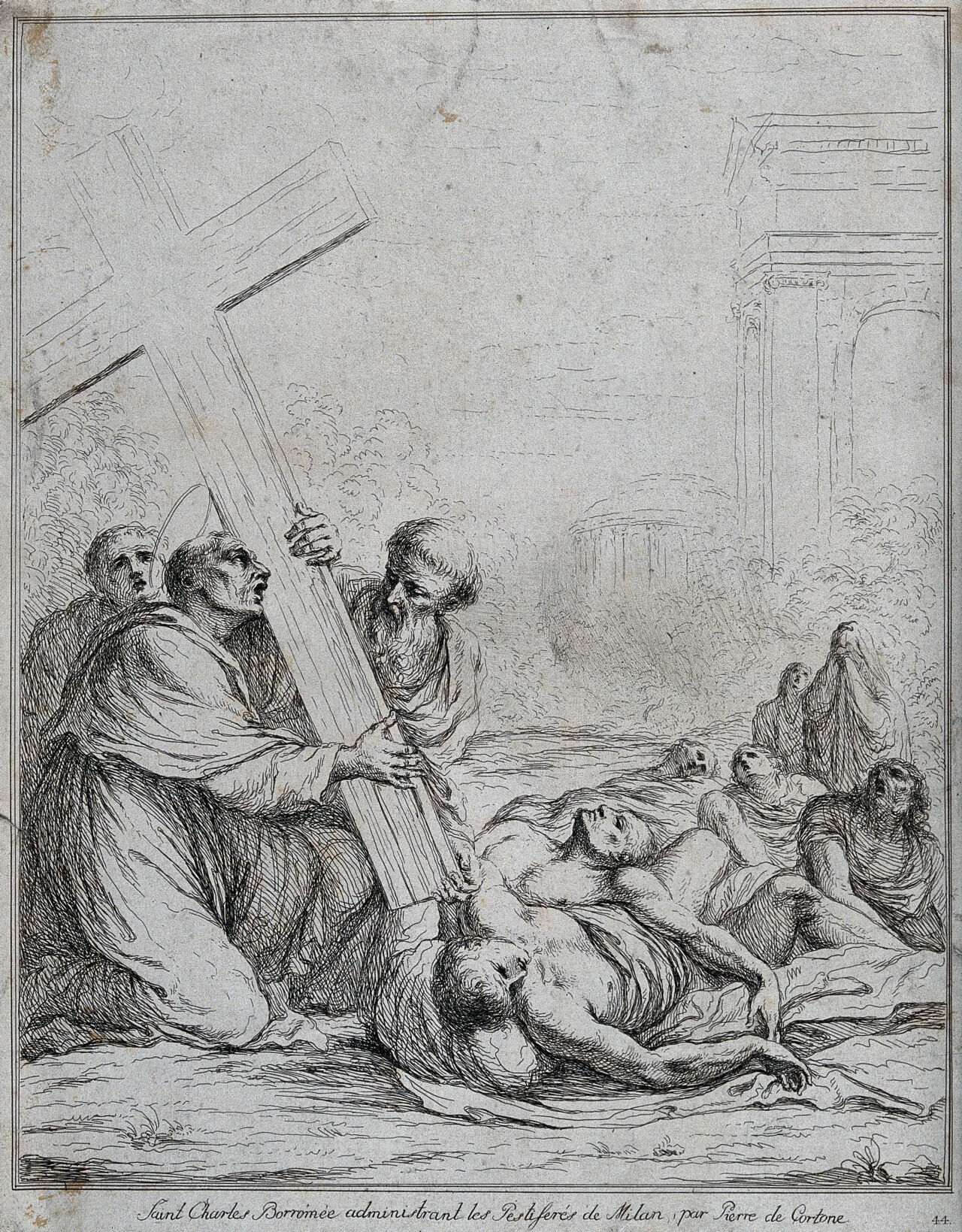 Saint Carlo Borromeo carrying the Holy Cross in the plague of Milan. Etching, 1781, after Carlo Cesi or Pietro Berrettini, il Cortona., 1781, by Carlo Cesio