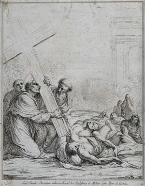 view Saint Carlo Borromeo carrying the Holy Cross in the plague of Milan. Etching, 1781, after Carlo Cesi or Pietro Berrettini, il Cortona.