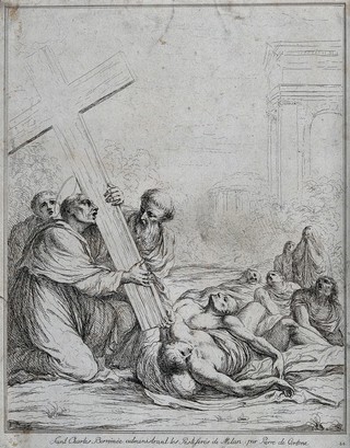 Saint Carlo Borromeo carrying the Holy Cross in the plague of Milan. Etching, 1781, after Carlo Cesi or Pietro Berrettini, il Cortona.