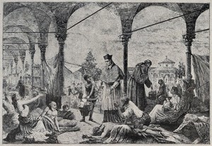 view Saint Carlo Borromeo ministering to plague victims in Milan. Reproduction of wood engraving.