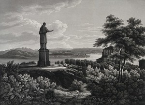 view Arona, Lago Maggiore: the bronze statue of Saint Carlo Borromeo. Aquatint.