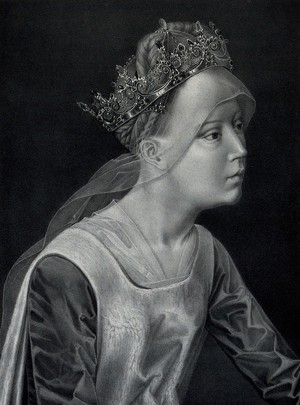 view Saint Catherine. Lithograph by P.J. de Vlamynck after H. Memling, 1479.