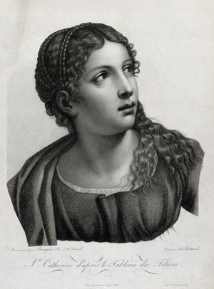 view Saint Catherine. Stipple engraving by N. Bertrand after E. Bourgeois after Titian.