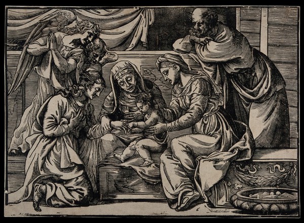 The Virgin and Christ Child with Saint Anne, Saint Joseph, and Saint Catherine. Woodcut by N. Boldrini after Titian.