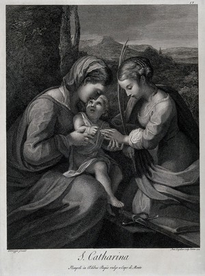 view Saint Catherine. Engraving by A. Capellan, 1772, after A. Correggio.