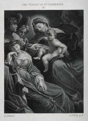 view Saint Catherine. Line engraving by J. Scott, 1816, after W.M. Craig after L. Carracci.