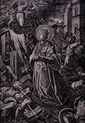 view Martyrdom of Saint Catherine. Engraving by J. Le Clerc.