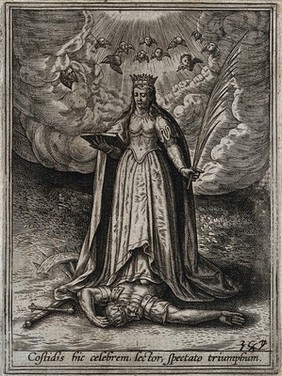 Saint Catherine: she tramples on her persecutor Maxentius, with a fragment of the shattered wheel. Engraving by A. Wierix III.